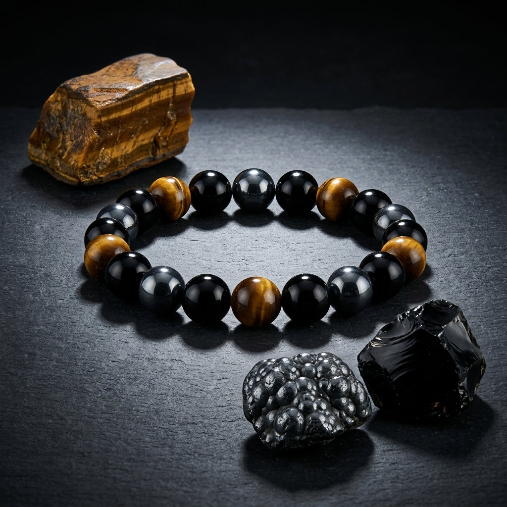 Triple Protection Bracelet – Authentic Obsidian, Tiger’s Eye & Hematite Energy Shield